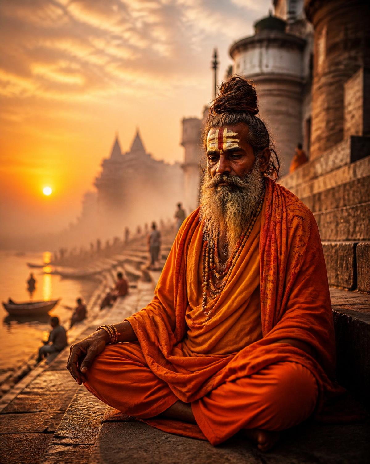 Sadhu meditating on the ghats of Varanasi at sunrise